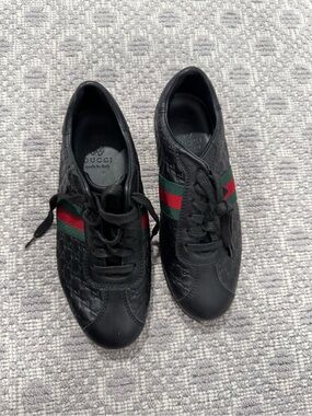 Gucci Black Leather Sneakers with Red & Green Web Stripe